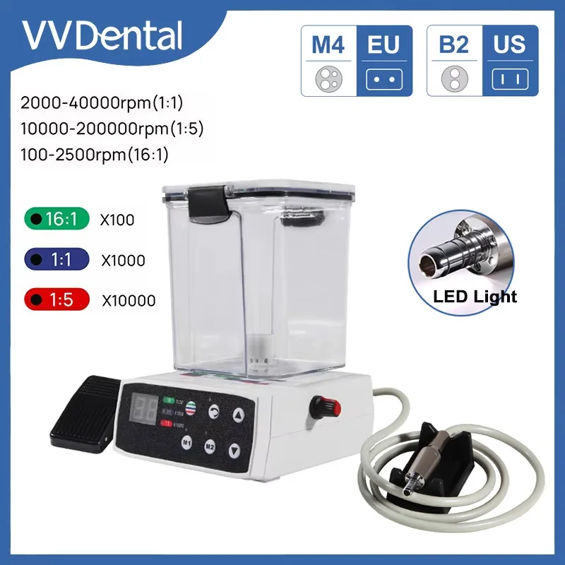 

Стоматологический бесщеточный электрический микромотор VVDental со светодиодной подсветкой, внутренним распылителем и резервуаром для воды, 2/4 отверстия, совместим с наконечниками 1:1/1:5, стоматологическое оборудование