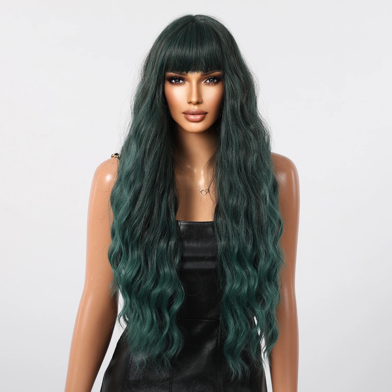 

Длинные волнистые синтетические парики для женщин Темно-зеленые вьющиеся парики из искусственных волос с челкой для повседневного использования Вечеринка Косплей Термостойкое волокно