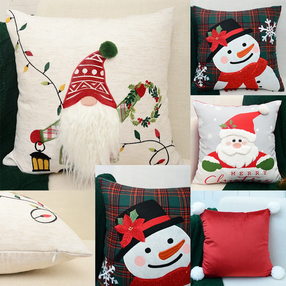 Christmas Embroidered Pillow Cushion Cover Dwarf Snowman 45X45cm Bed Home Pillow Cover Christmas Decoration