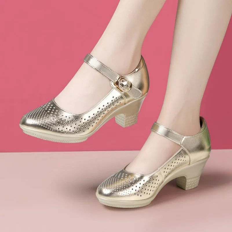 

5.5cm 7.5cm Breathable Cutout Block Heels Shoes 2025 Soft Leather Platform Pumps for Mom Dance Model Shoes
