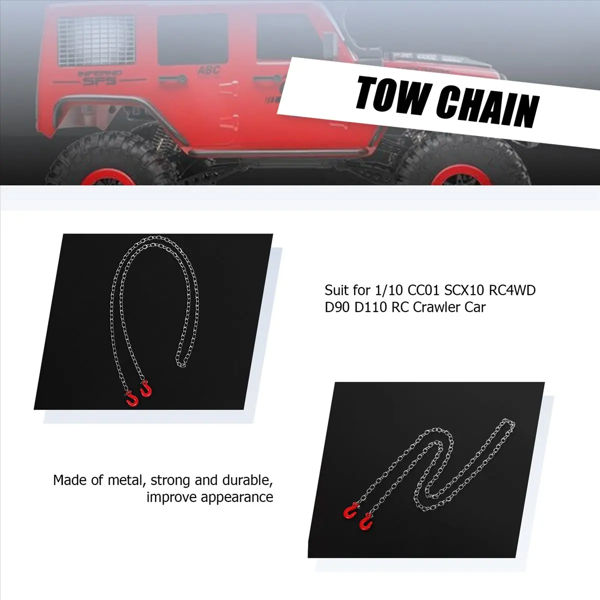 BEST SALES 1:10 Scale RC Crawler Accessories Tow Chain With Trailer Hook For SCX10 90046 CC01 D90 D110 RC Climbing Cars