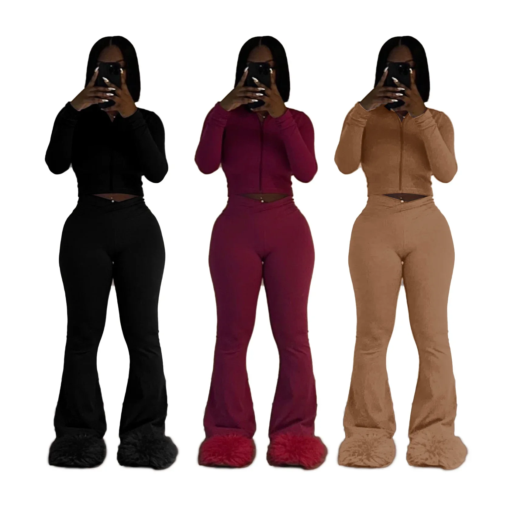 Fitness Women 2 Piece Set Solid Long Sleeve Zipper Fly Sweatshirts High Wasit Flare Pants Matching Set 2024 Autumn Tracksuits