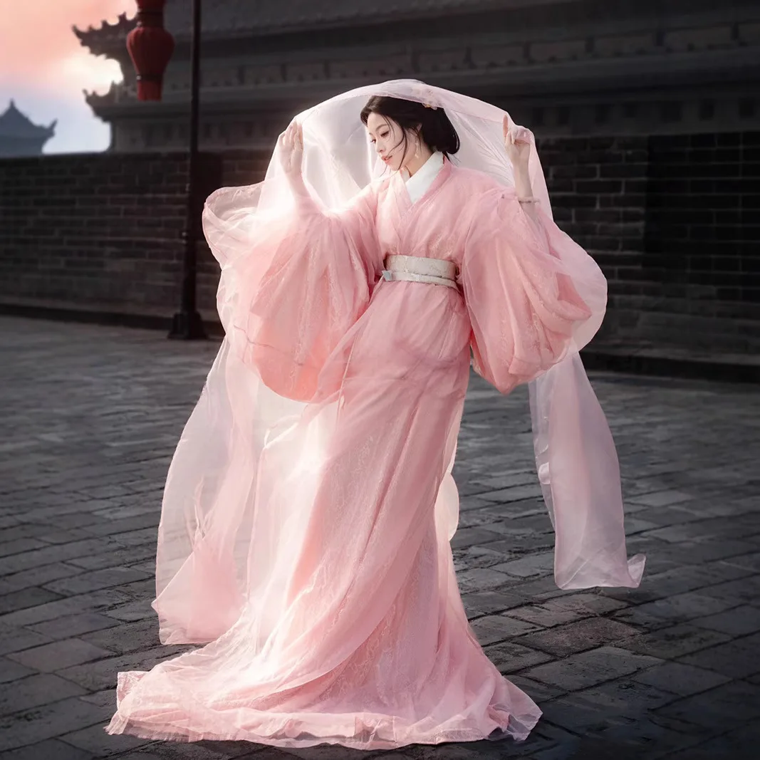 New Spring and Summer Hanfu Pink Warring States Robe Recovery Sweet Lace Daily Large Volume Straight ..