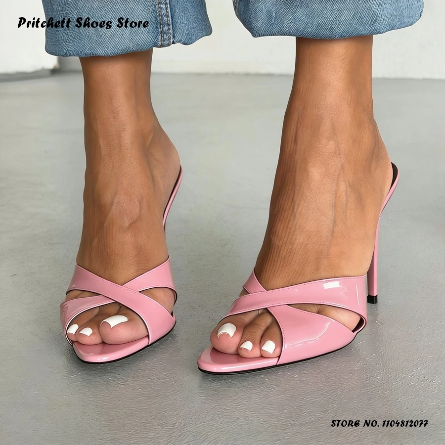 

Women's Crisscross Stiletto Mules Elegant Patent Leather Summer Fashion Slippers Pointed Open Toe Thin Heels Plus Size Footwear
