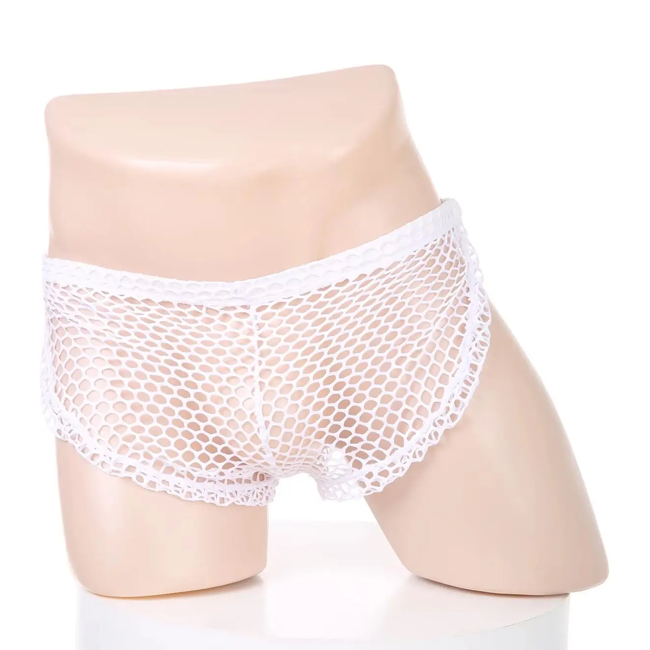

Men's Sexy Fishnet Boxer Shorts Hollow High Slit Sides Open U Convex Underpants Mesh Panties Snap Button Panties See-Through