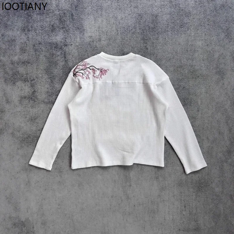 White Cherry Blossom Embroidery T-shirt For Men And Women Long Sleeve Oversized T-shirt Harajuku Streetwear Casual Crew Neck Top