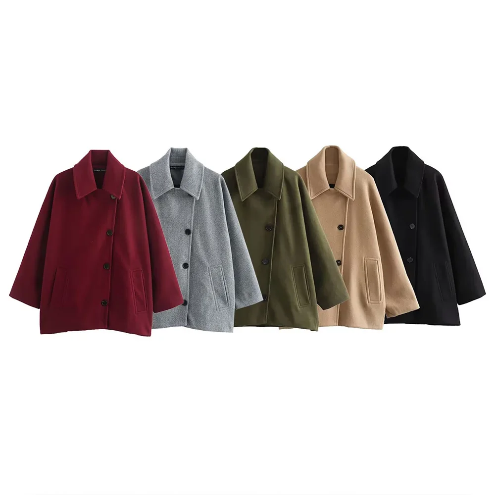 

Style Wine Red Grey Army Green Khaki Black Five Color Diagonal Single Breasted Long Sleeves Women Loose Coat New