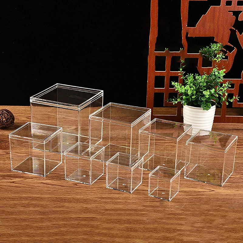 1Pc Storage Boxes Lids Gemstone Display Coin Clear Container Specimen Mini Square Cube Acrylic Case Rough Mineral Standard