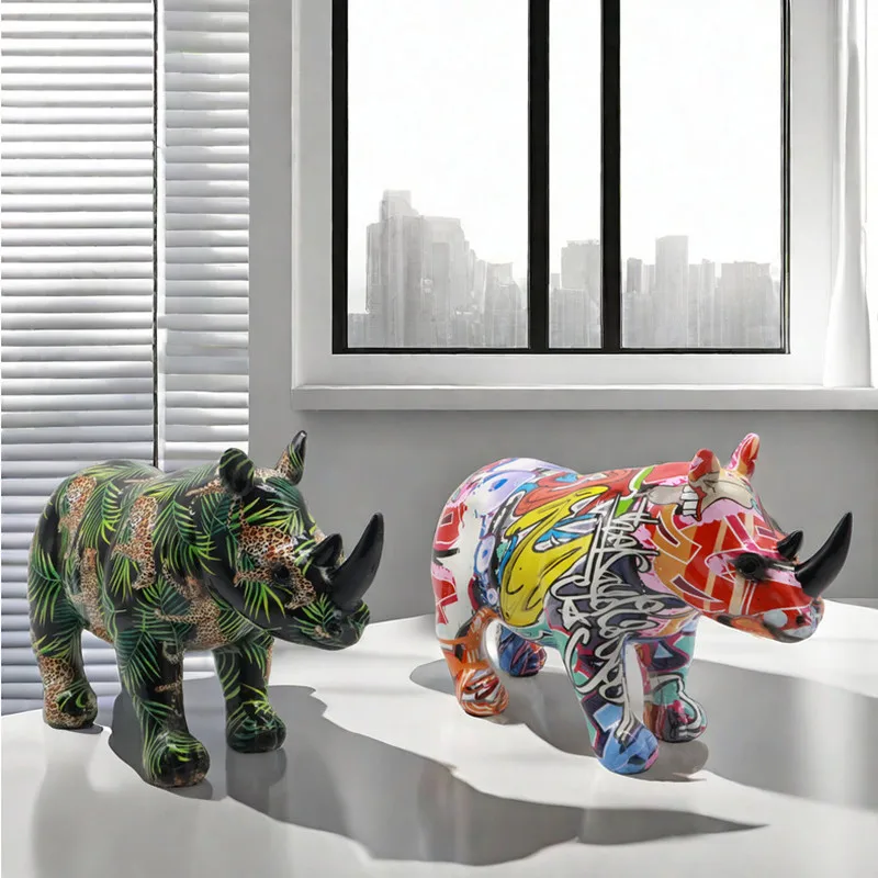 Colorful Animal Model Rhinoceros Resin Statue Decoration, Living Room Desktop Decoration, Abstract Graffiti Rhinoceros Statue