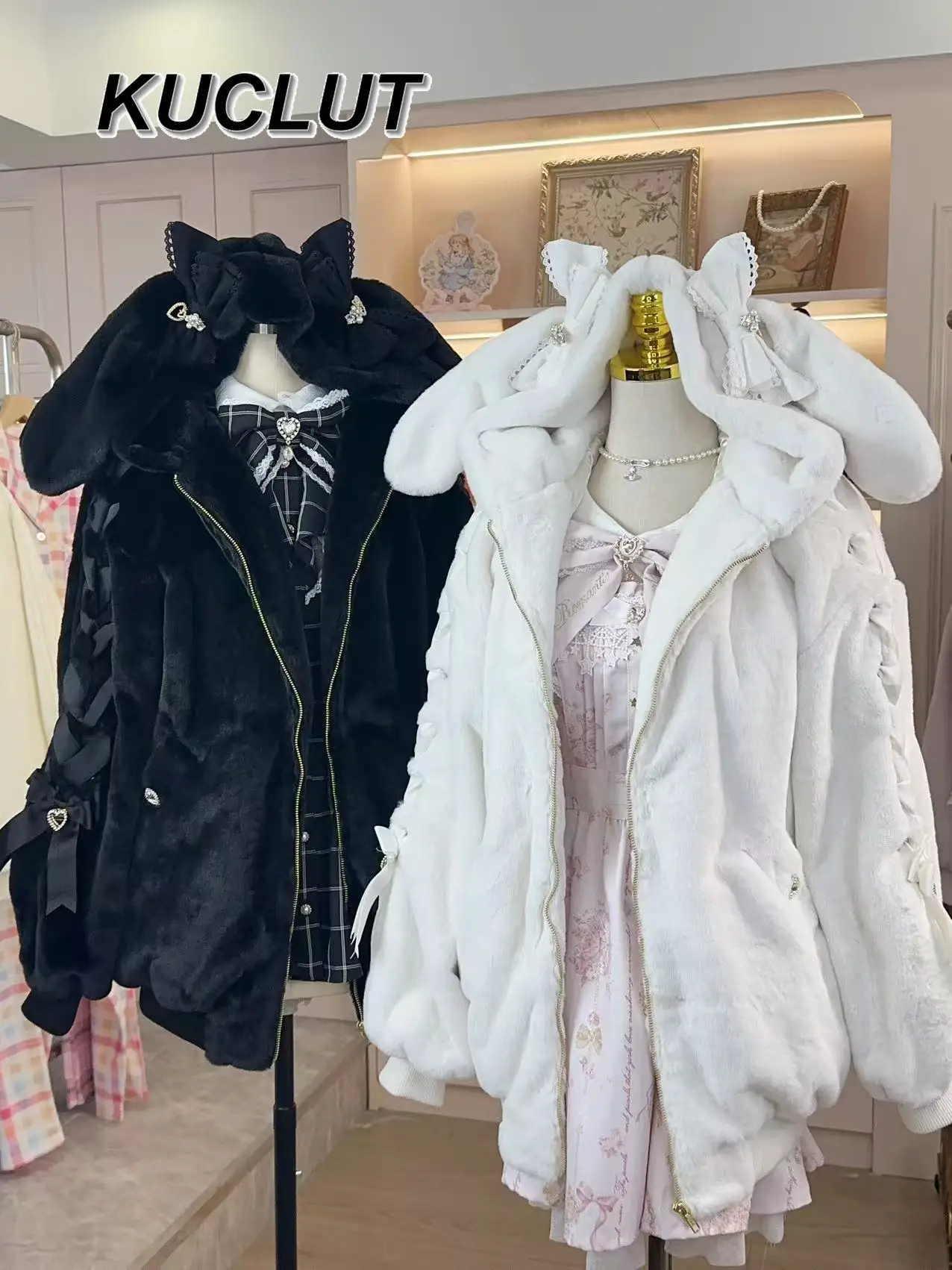 

Осень-зима женские толстые пальто в японском стиле с кроличьими ушками милое милое пушистое теплое пальто с галстуком-бабочкой мягкая толстая куртка с капюшоном