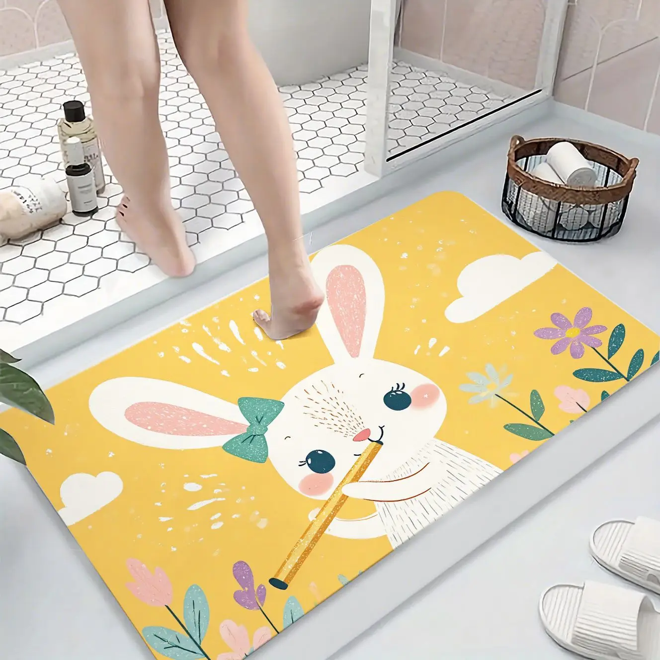 

MatMuse Милый кролик, играющий в флейте, мягкий коврик с диатомовой землей, напольные коврики для ванной комнаты, легкий уход, легко чистится, впитывающие коврики для ванной