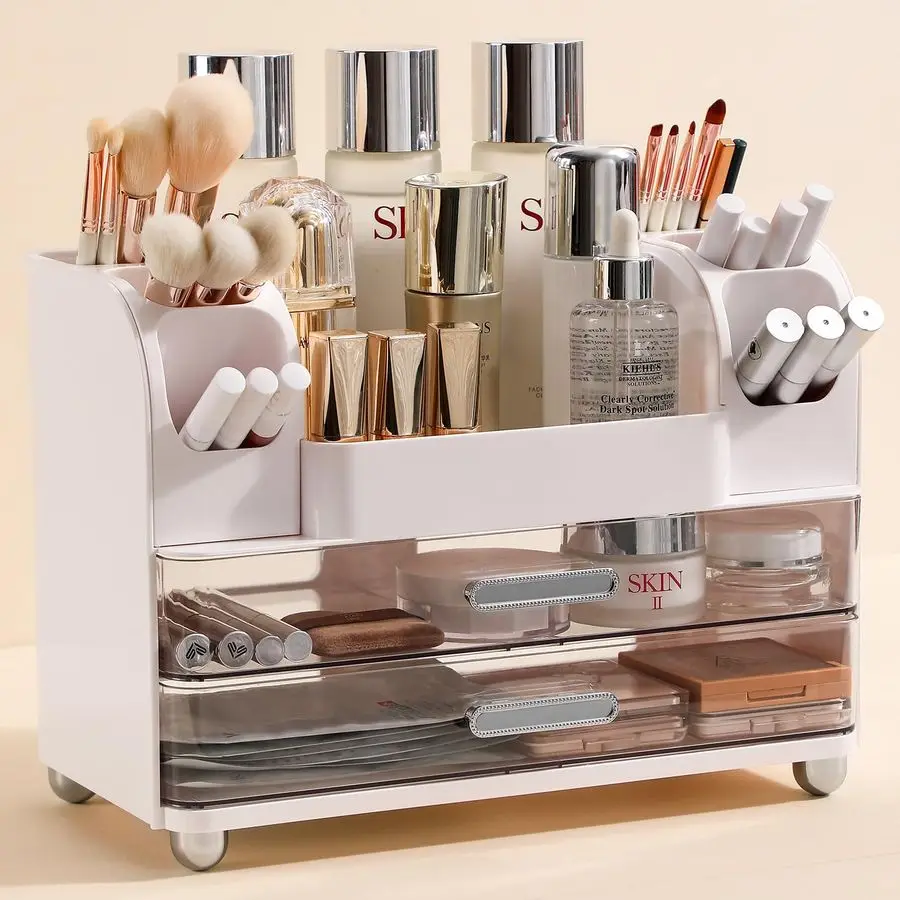 

Makeup Organizer Countertop with Large Drawers, Vanity Organizer with Brush Holder, Skin Care Storage for Dresser, Perfume Orga