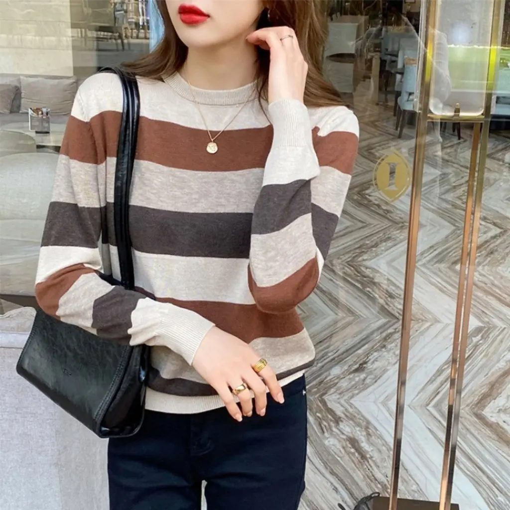 

Women's Loose Pullover Wool Sweater Long Sleeve Striped Bottoming Shirt Gentle Early Autumn New Lazy Style Top