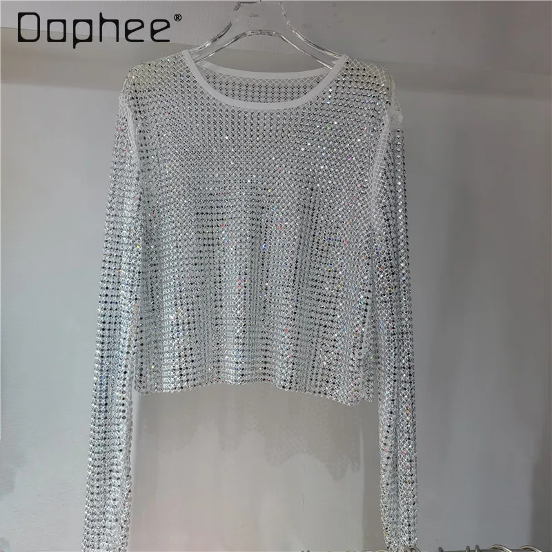 Top de manga larga con cuello redondo y cuentas de diamantes de imitación de gama alta de lujo, ropa interior de estilo de hadas, camisa Base calada brillante, Top Sexy único