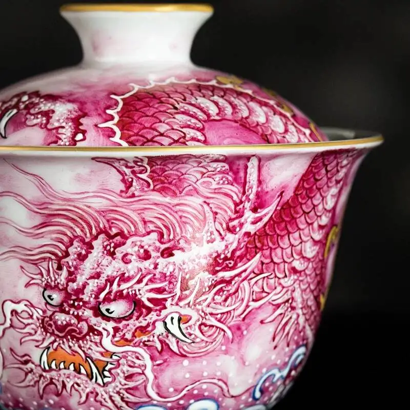 Sacred Mountain Jingdezhen Pastel Ruby Hand-Painted Dragon Pattern Ceramic Cup Tea Brewing Gaiwan Set