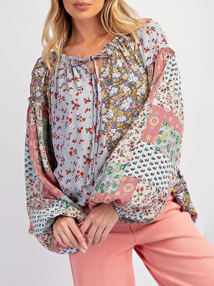 Blusas de manga comprida com estampa floral feminina, gola V, gravata na frente, patchwork, camisas boho, primavera, outono