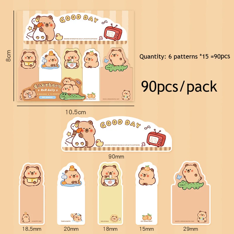 90sheets Cute Capybara Index Sticker Notepad Offices Accessories Korean Stationery Sticky Notes Material Paper Student Planner