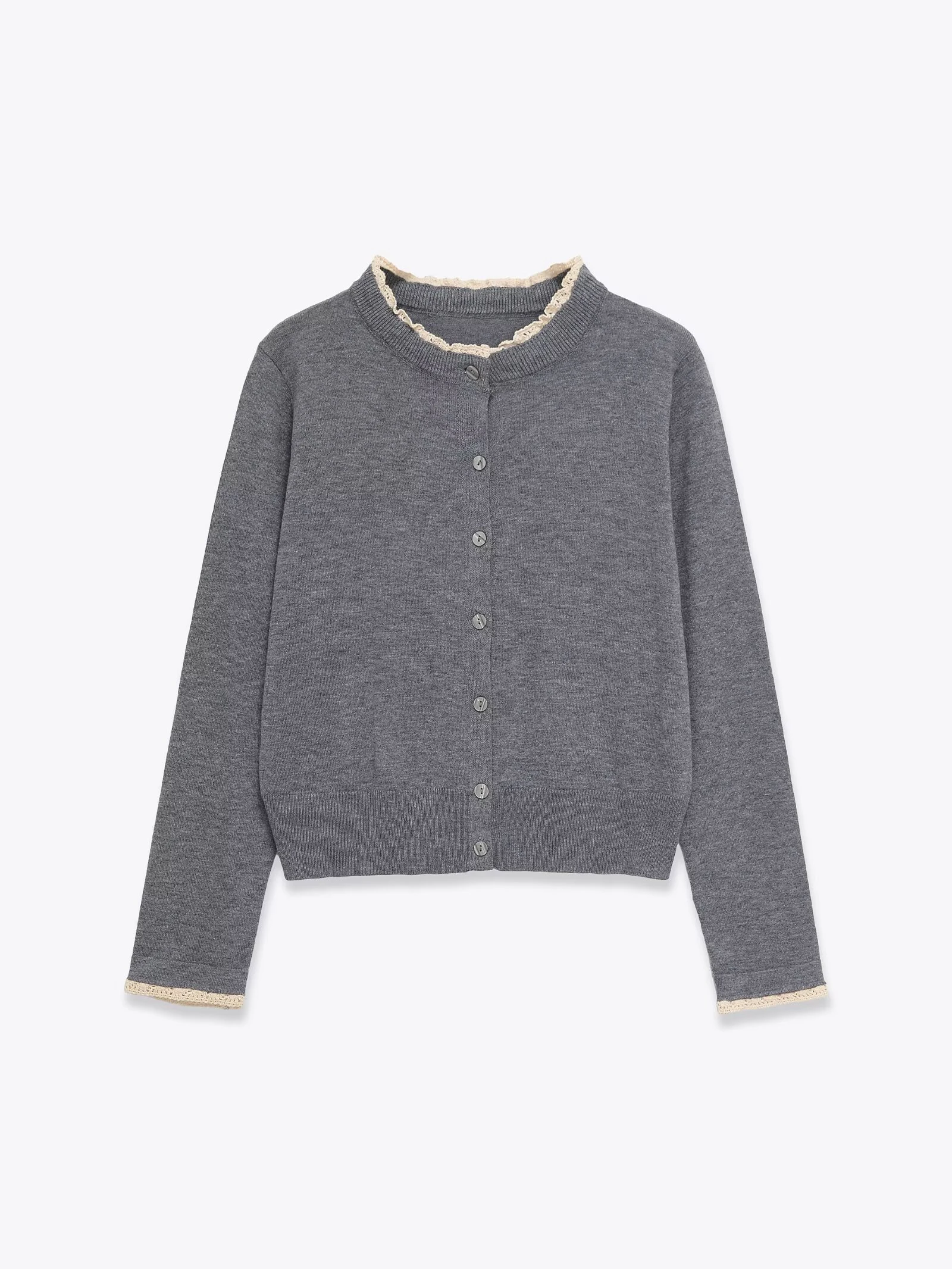 Europeu e americano feminino fino ajuste francês contrastante combinação renda emenda em torno do pescoço manga comprida botão jaqueta de malha