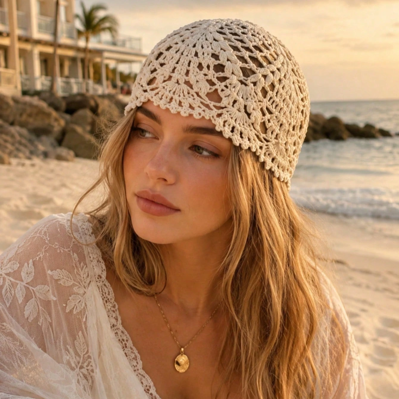 Women's Handmade Floral Hollow Crochet Hat Vintage Wavy Edge Lace Headwrap Suitable For Travel Photography Daily Wear