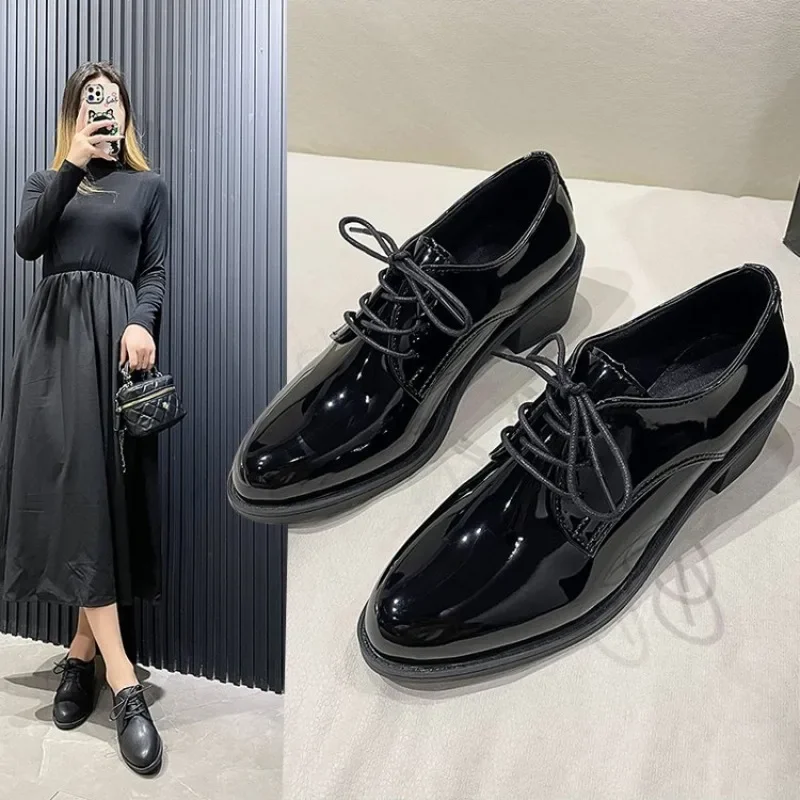 Women’s Oxford Flats  PU Leather Shoes in Full Black Ideal for Office Wear Female Derby Lace-up Zapatillas  Casual Loafers