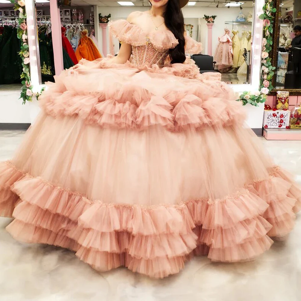 Customized 2 IN 1 quinceanera dresses Ruffles Off the Shoulder vestidos de 15 años with Detachable Train Bead Pageant Dress