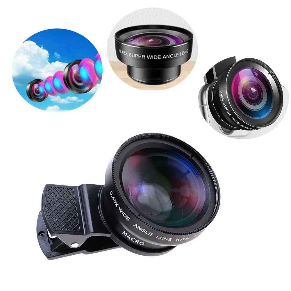 Mobile Camera Lens Kit with 15X Macro and 0 45X Wide Angle Lenses Portable Travel Bag Compatible with Most Smartphones