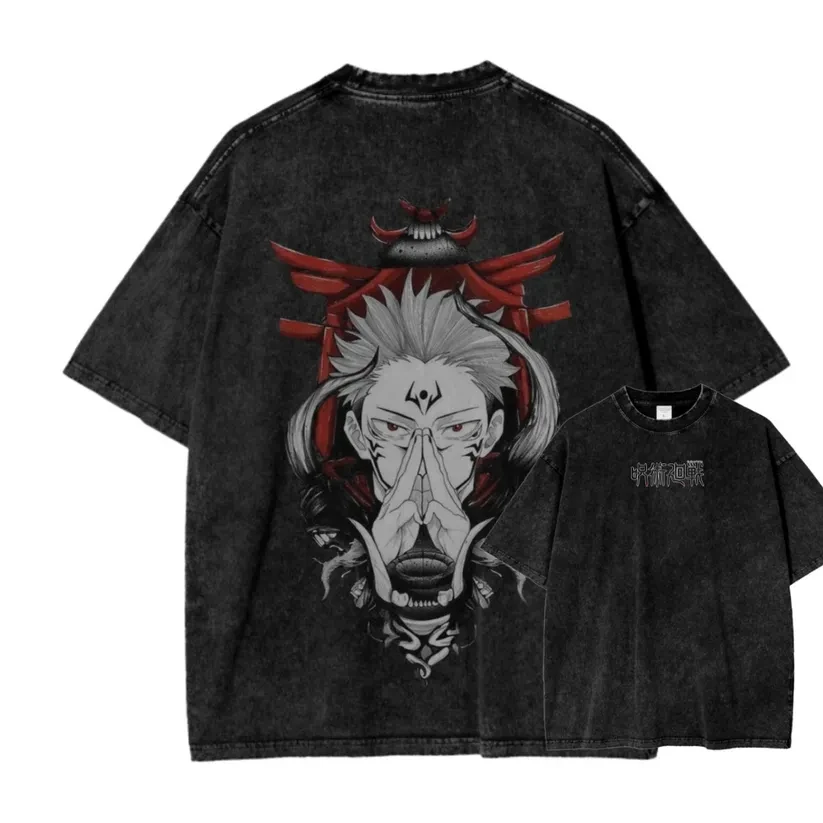 Sukuna Malevolent Shrine T-Shirt Jujutsu Kaisen Herren Vintage Acid Wash Domain Expansion Anime Grafik Übergroße Streetwear T-Shirts