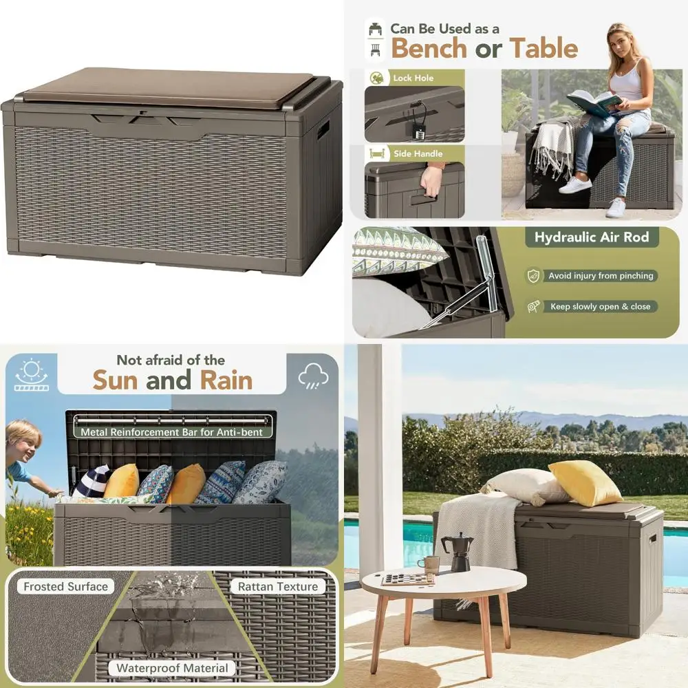 

Waterproof 100 Gallon Resin Storage Box with Cushion, Lockable Outdoor Storage Bench for Patio, Deck, and Garden