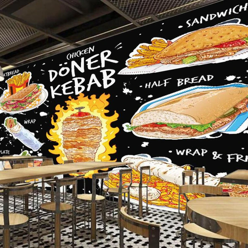 Custom 3D American Fast Food Mural Wallpaper Chicken Doner Kebab Snack Bar Restaurant Industrial Decor Background Wall Paper 3D