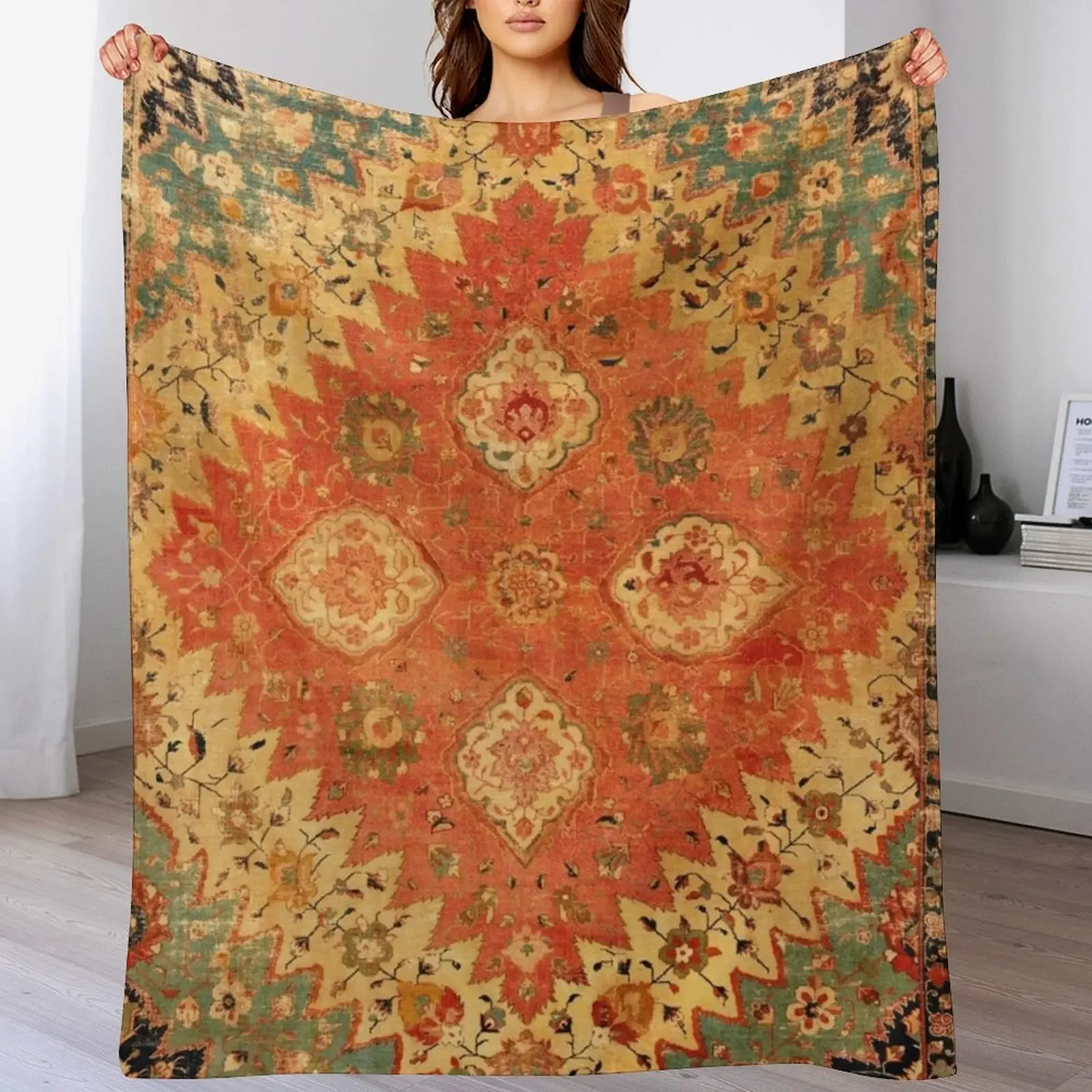Portuguese' Persian Carpet with Maritime Scenes Print Throw Blanket Fade Resistant Durable Throw Blanket
