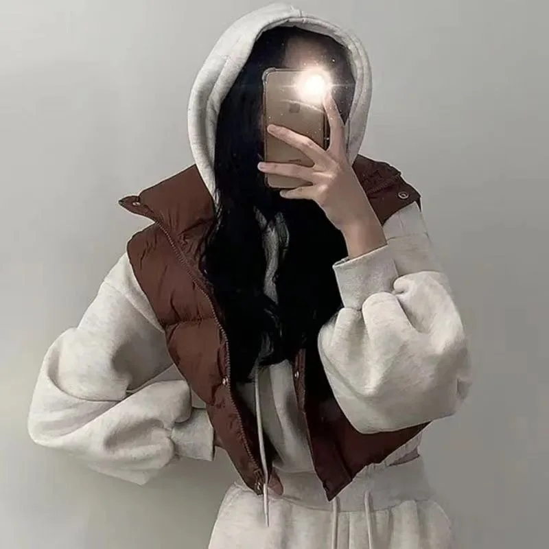 เสื้อแจ็คเก็ตคอตั้งสไตล์เกาหลีเก๋ไก๋สำหรับฤดูหนาว กระดุมแถวเดียว ทรงหลวม ใส่ได้หลายโอกาส เสื้อกั๊กหนาและสั้น เสื้อผ้าผู้หญิง