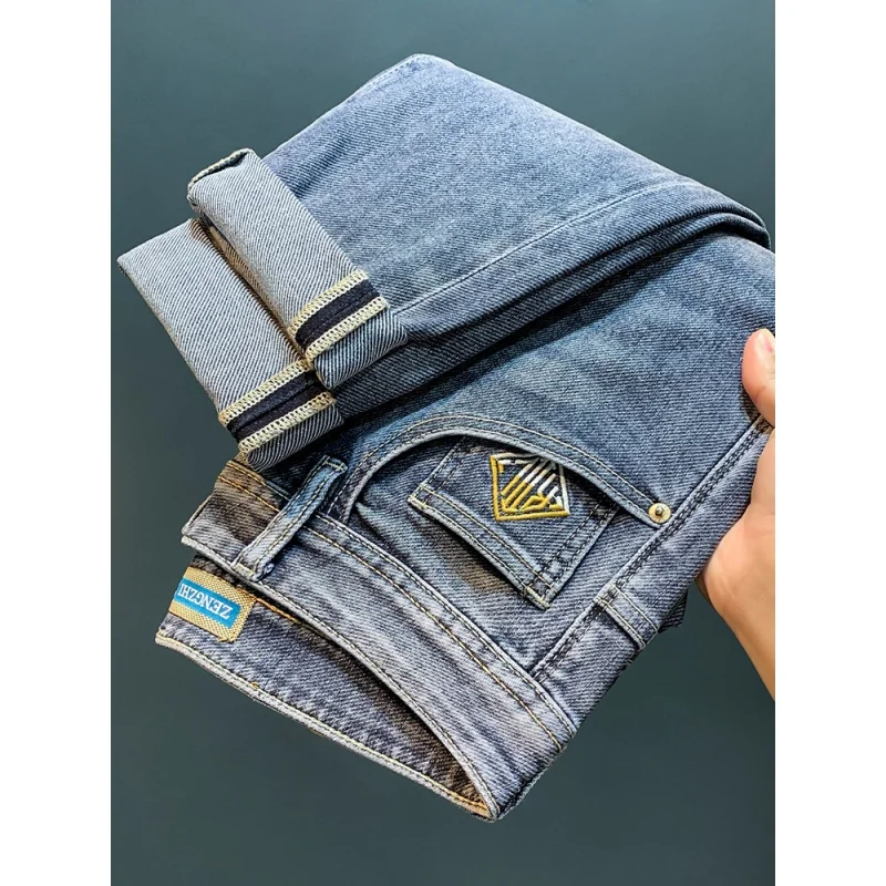 Spring and Autumn Men's Jeans Trendy 2024 New Slim Fit Skinny High-End Embroidery Trendy Brand Blue Pencil Pants Trousers