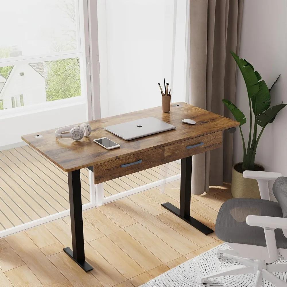 プレミアム2段引き出し付き高さ調節可能45電動スタンディングデスク - アップグレードされた超耐久性ホームオフィス大型長方形コンピュータータブ