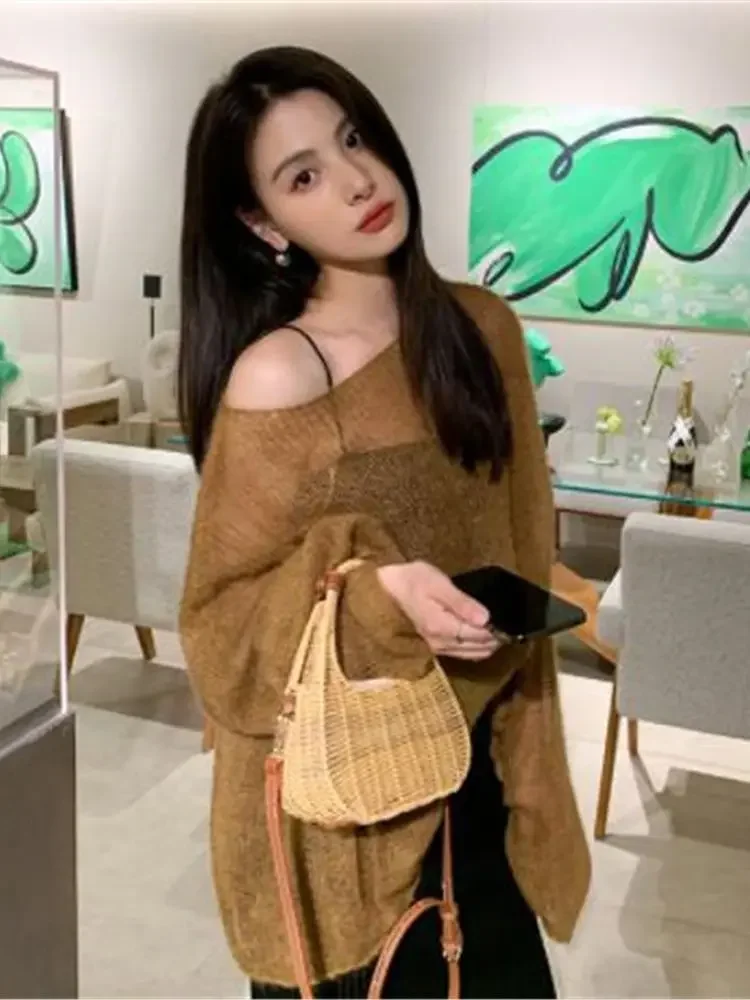 Women Pullover Solid Color Mohair Sweater Loose Oversized Sexy Off Shoulder Hollow Knit See Through Long Sleeve Sweater V767