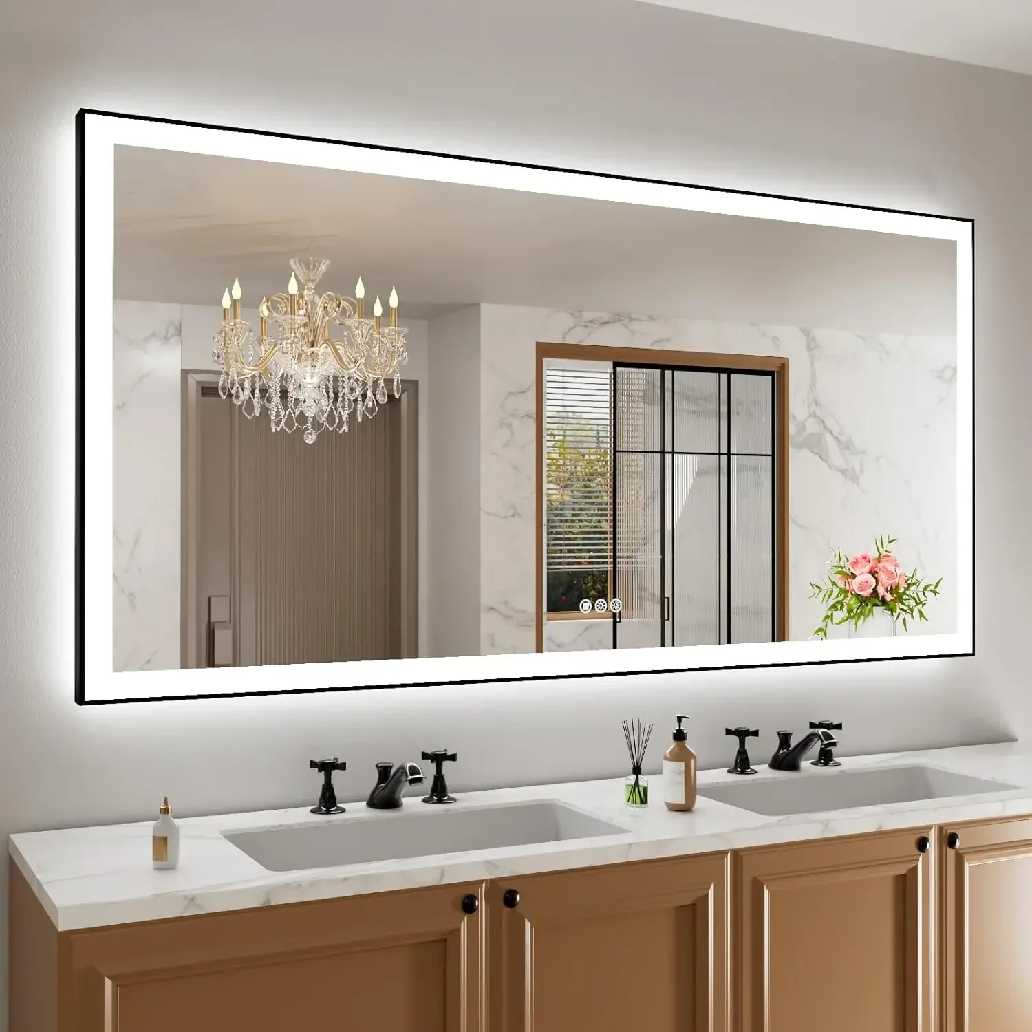 

Bestseller72"x 32" LED Bathroom Mirror with Black Frame, Front Light and Backlit(Controlled Separately), Stepless Dimmable, Anti