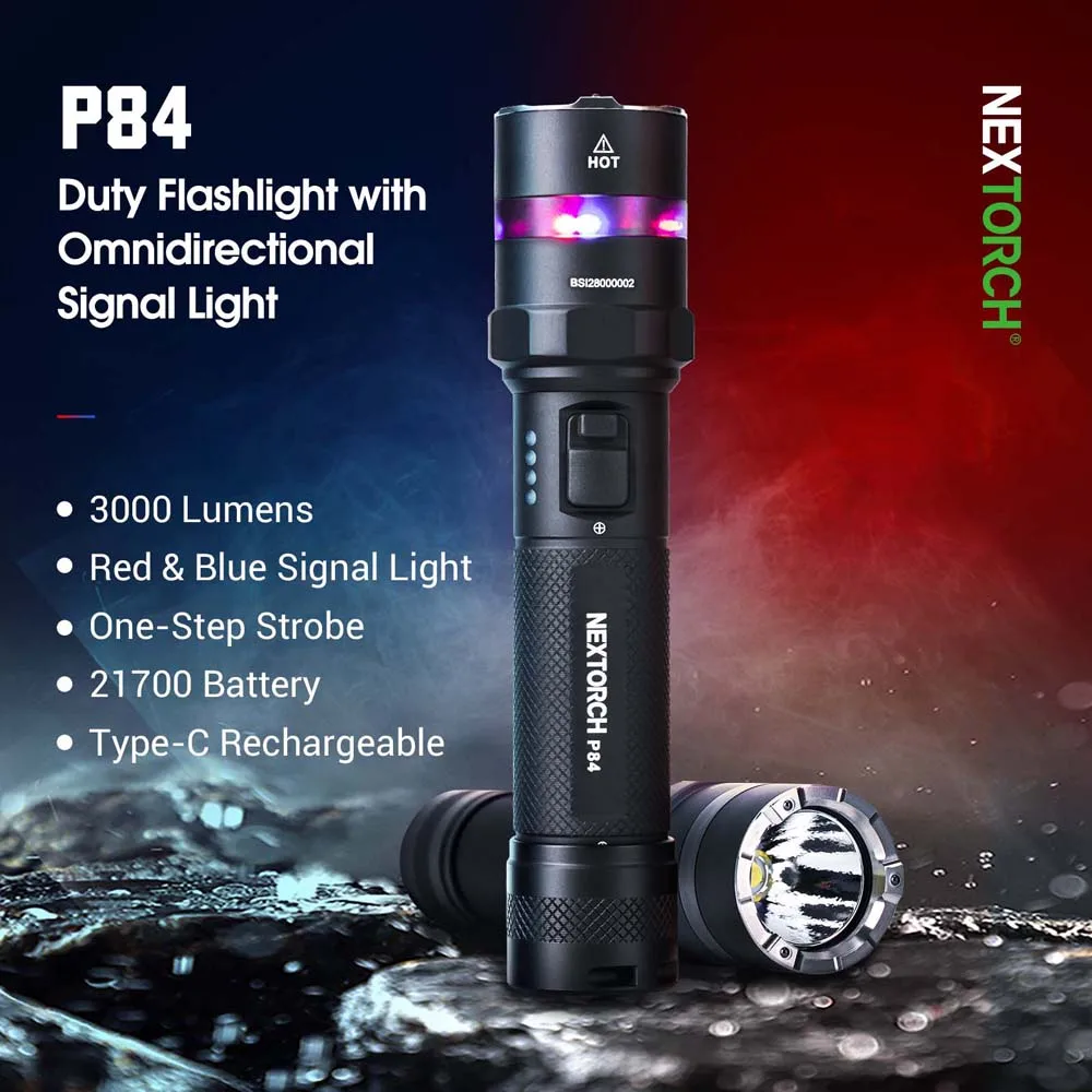 Nextorch P84  3000 lumen Police flashlight, Full field of view warning service torch, Police use on duty, usbc, warning light