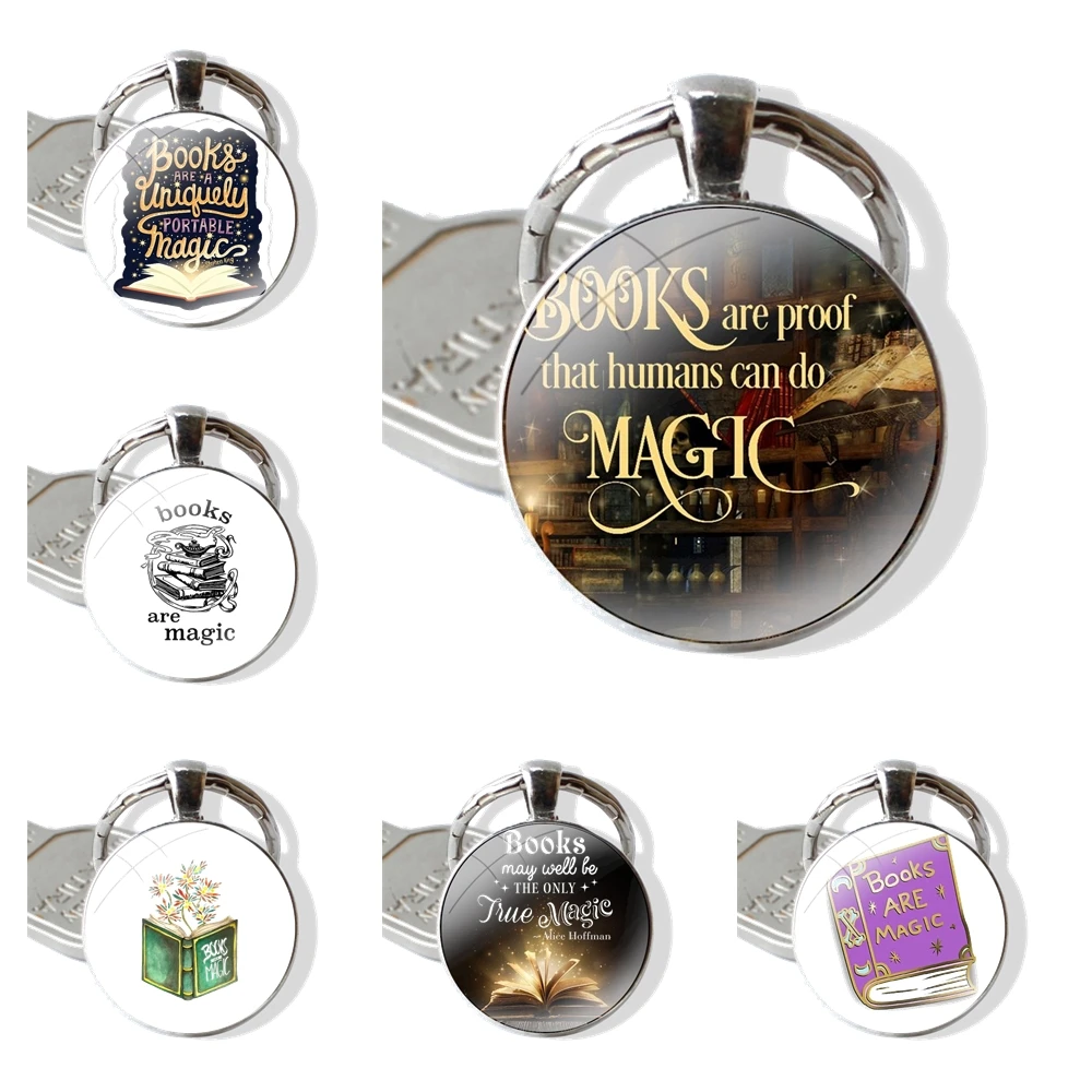 Books Are Magic Keychain Handmade Glass Cabochon Key Ring Holder Pendant Key Chains