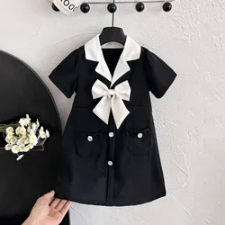 Girls' Summer Dress Korean Style Temperament Contrasting Bow Princess Dress for Primary and Secondary School Students Clothing