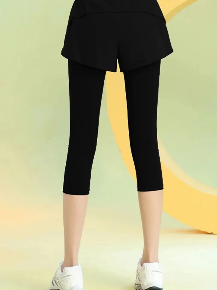 High Waist Fake Two-Piece Slimming Cropped Pants Straight Leg Print Design Zipper Closure Casual Straight Tube Pants