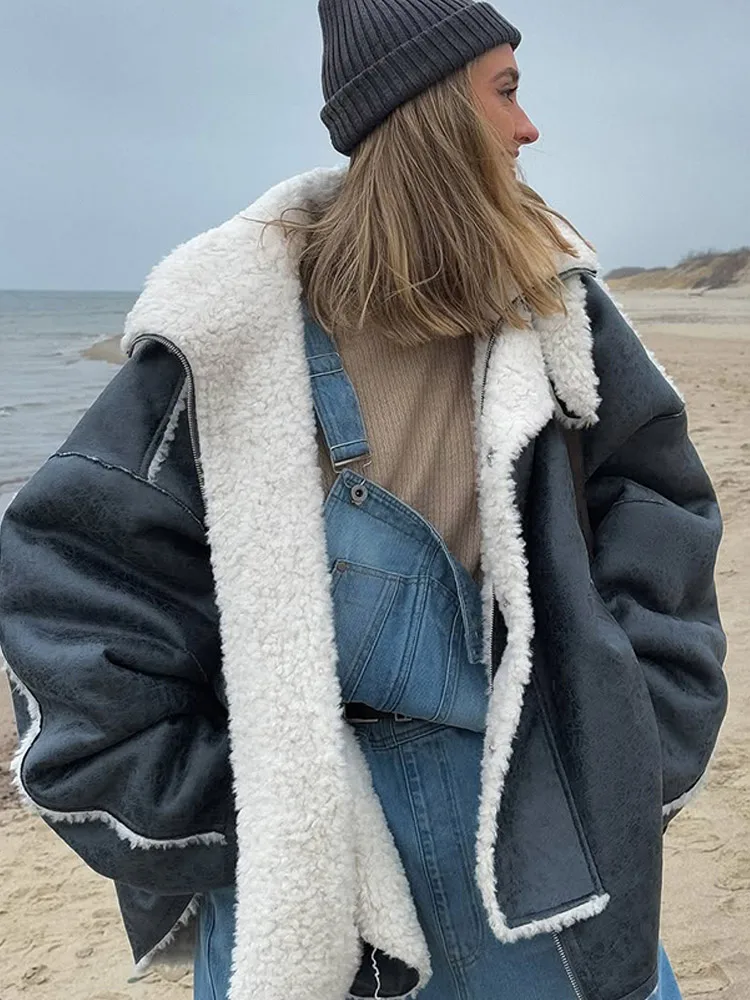 

Wool Patchwork Leather Coat Women Fashion Lapel Button Long Sleeve Zipper Pocket Loose Jacket Lady Autumn Casual Street Outwear