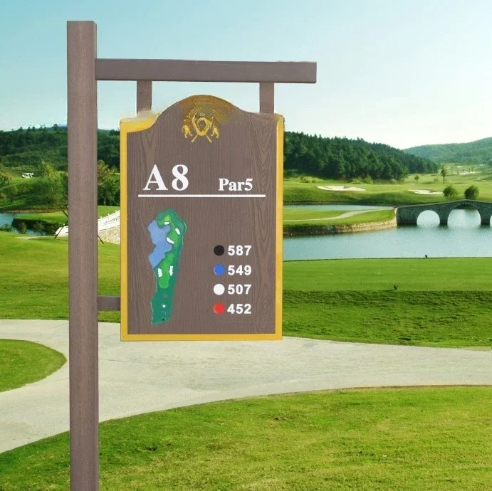 Golf fairway signs, tee table signs, course warning signs, cue signs