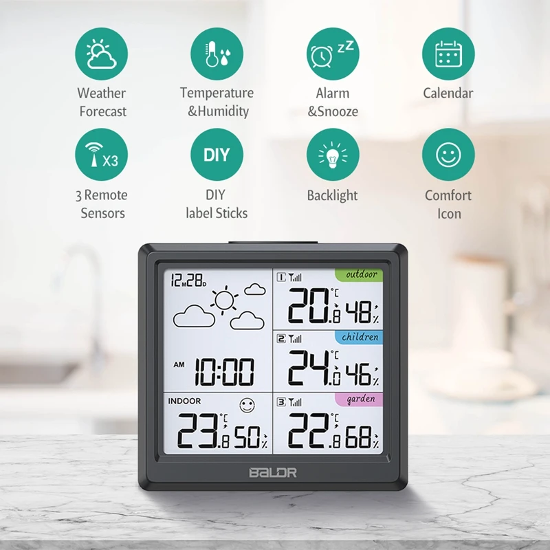 Baldr Wireless Weather Station Home Table Wall Hygrometer Thermometer Alarm Clock Comfort Indicator Backlight 3 Forecast Sensor