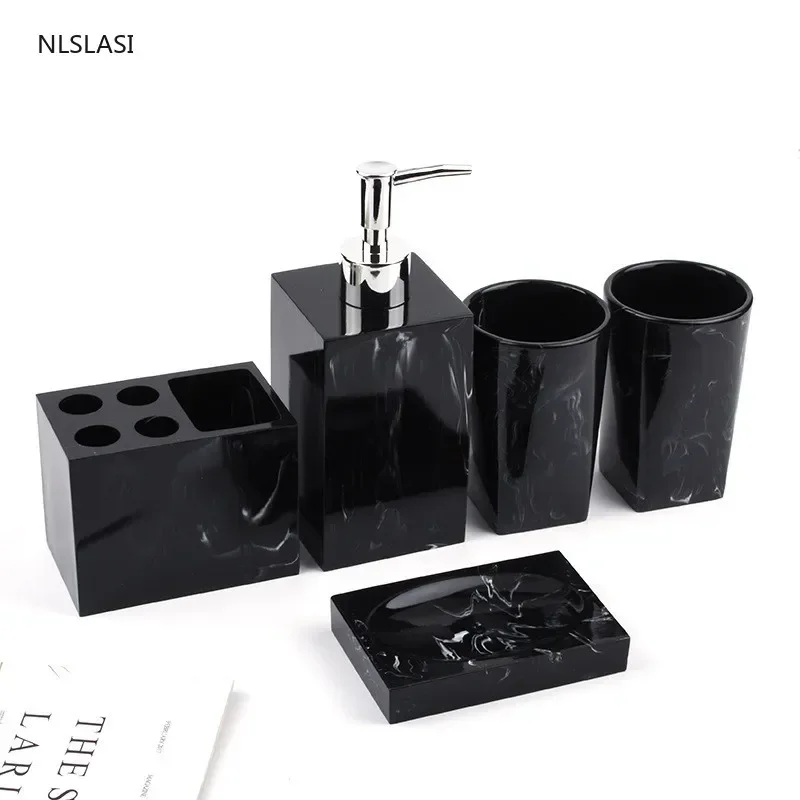 High-grade marbled bathroom five-piece wash set hotel resin  set  wash tools bathroom decoration toothpaste dispenser