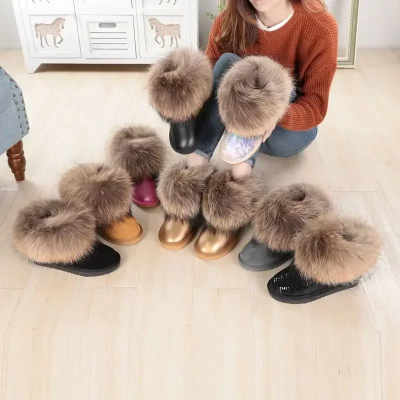 Winter Fox Fur Snow Boots Women\'s Genuine Leather Short Boots Flat Thickened Warm Raccoon Fur Cotton Shoes