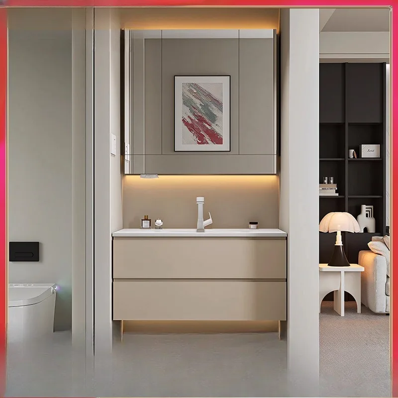 

2025 new model, integrated basin small apartment, simple wind walnut rubber wood beauty mirror cabinet, bathroom cabinet
