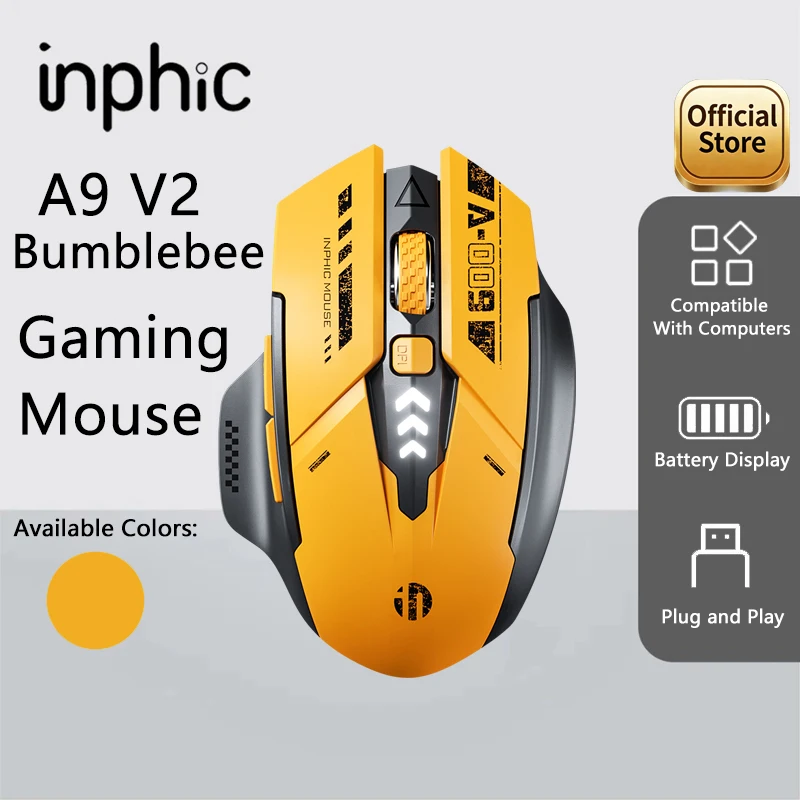 Ratón Inalámbrico para Juegos INPHIC A9 V2 Bumblebee con Indicador de Nivel de Batería, 12800DPI, 6 Teclas, Bluetooth, 3 Modos, Compatible con PC y Laptops