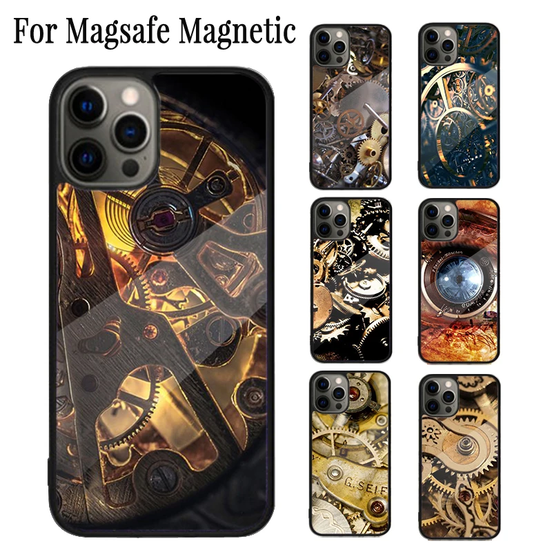 Steampunk Gear Mechanical Magnetic Phone Case Coque For iPhone 16 15 14 Plus 13 12 Mini 11 Pro Max Magsafe Wireless Cover