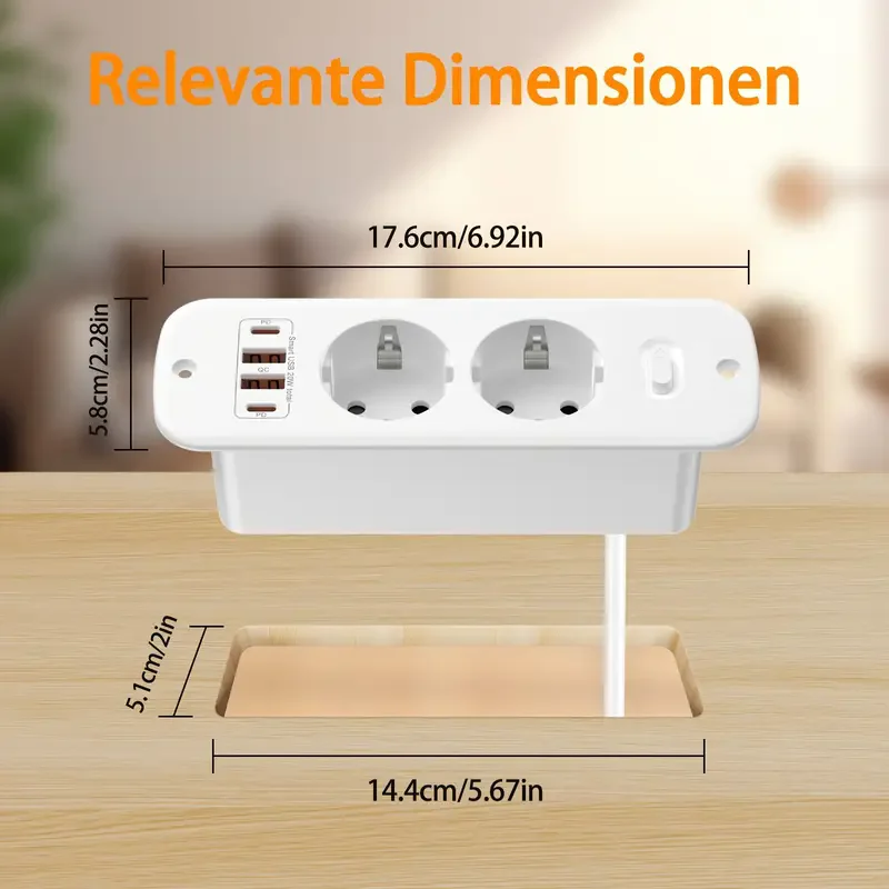 EU Plug 2M Extension Cord Power Strip 2AC 4000W 2 USB-A 2 USB-C,European Standard Plug Socket