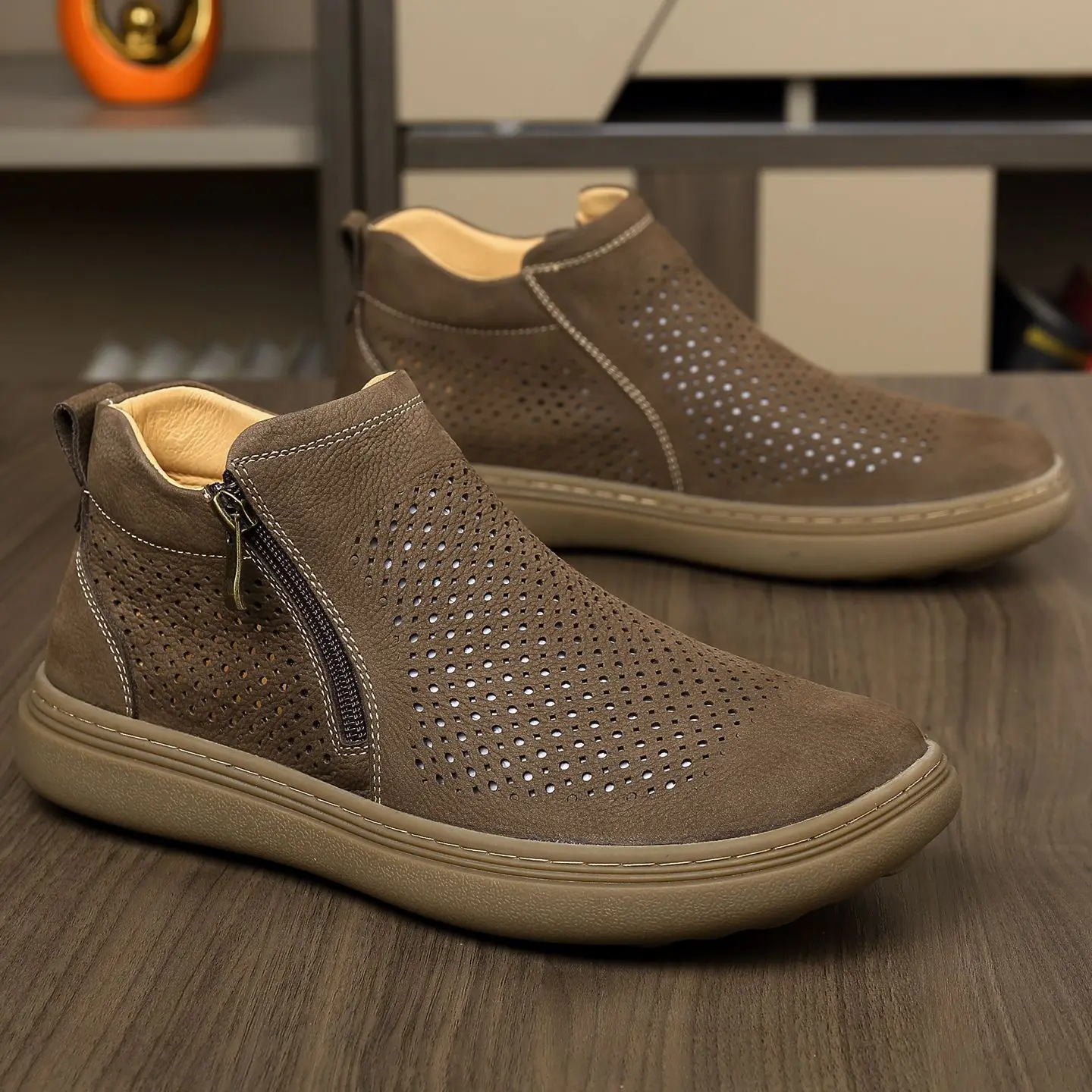 Genuine Leather Shoes Men Hollow Breathable Trendy Casual Luxury Brand Boots Oxford Loafers Zipper Business Office Party Summer