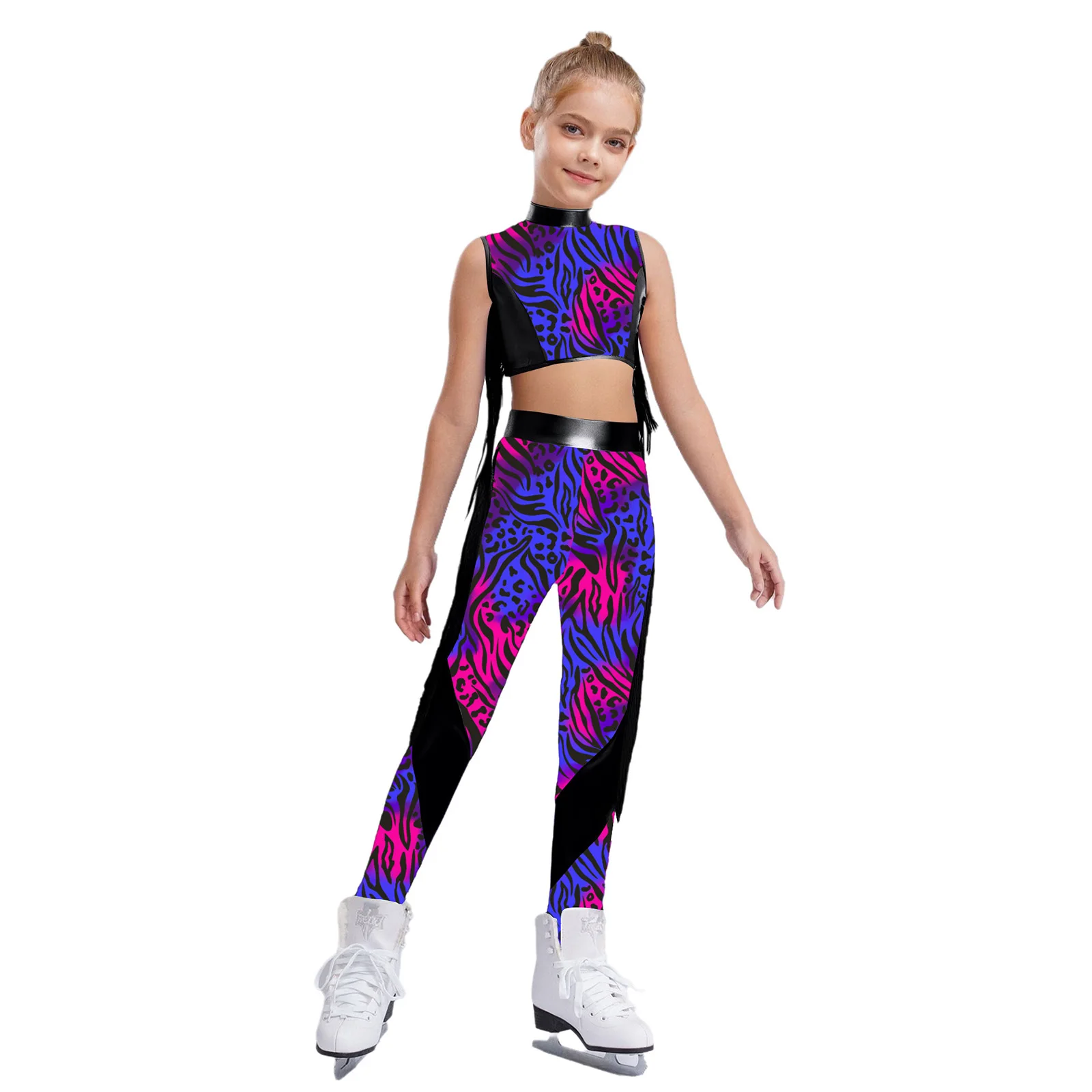 

Teen Girls Jazz Dance Performance Costume Zebra-Stripe Metallic Tassel Outfit Sleeveless Keyhole Back Crop Tops+Leggings Sets